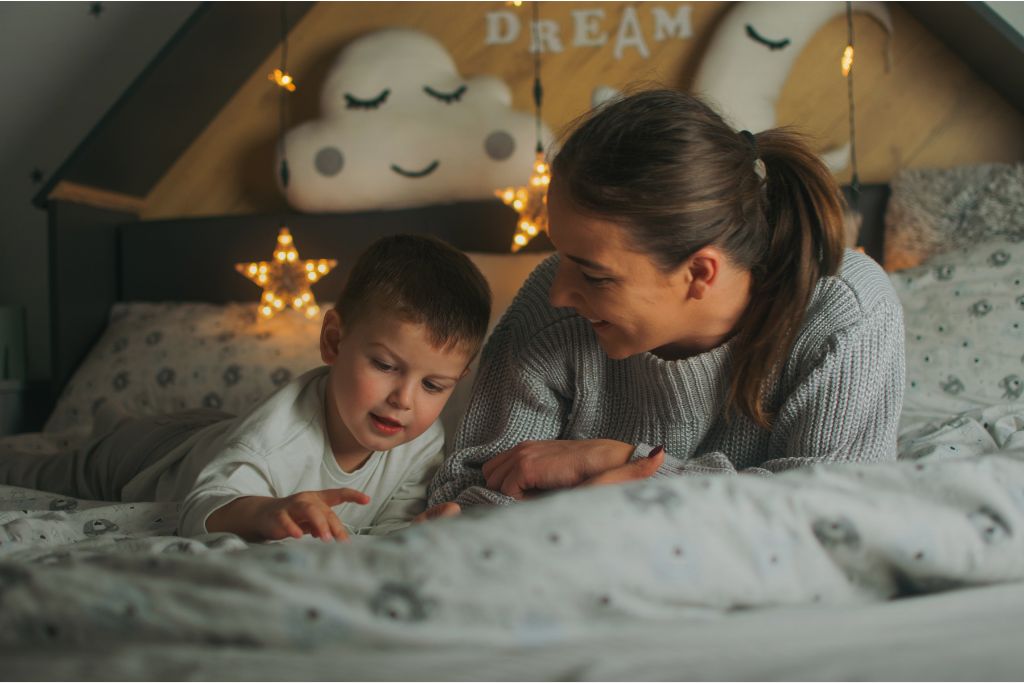 Mom and child talking at bedtime